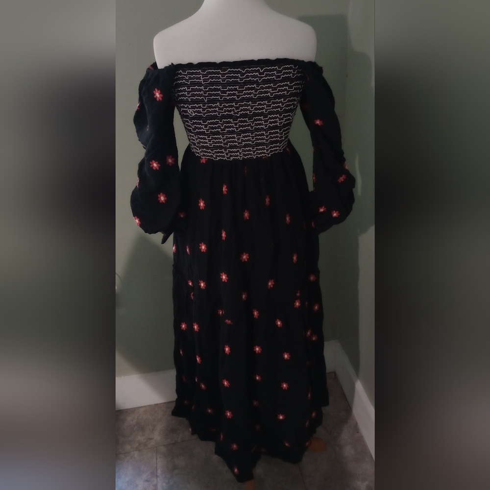 Renaissance Boho Black Smocked Ruffle Dress L Large - Picture 10 of 11
